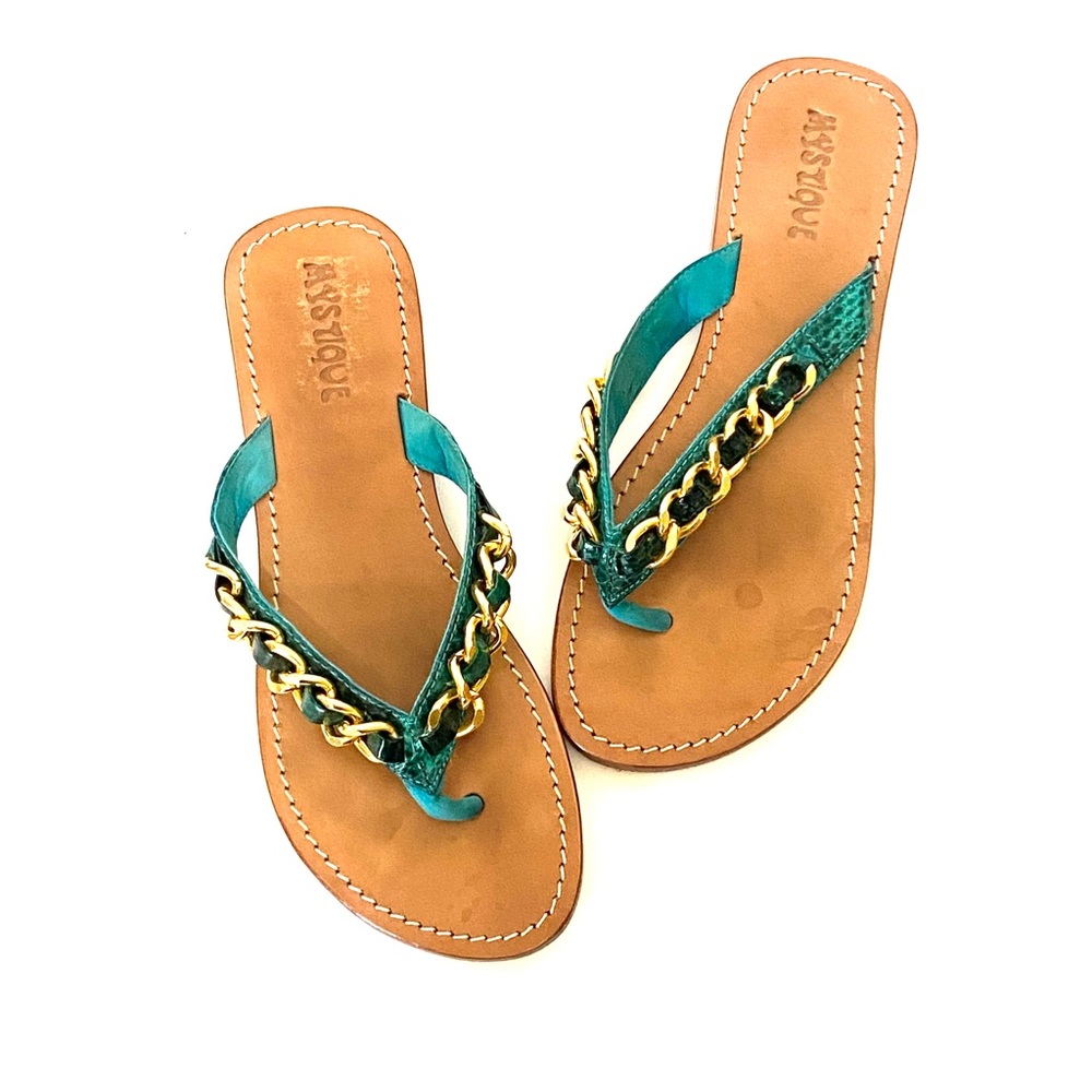 Mystique hand made Teal leather snakeskin gold chain luxury sandals size 9
